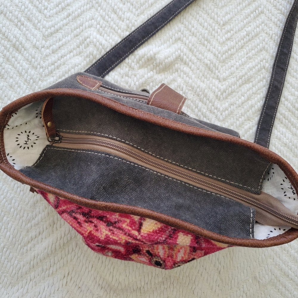 Myra Bag Fuchsia Tapestry Cotton & Leather Boho Satchel - Picture 5 of 14